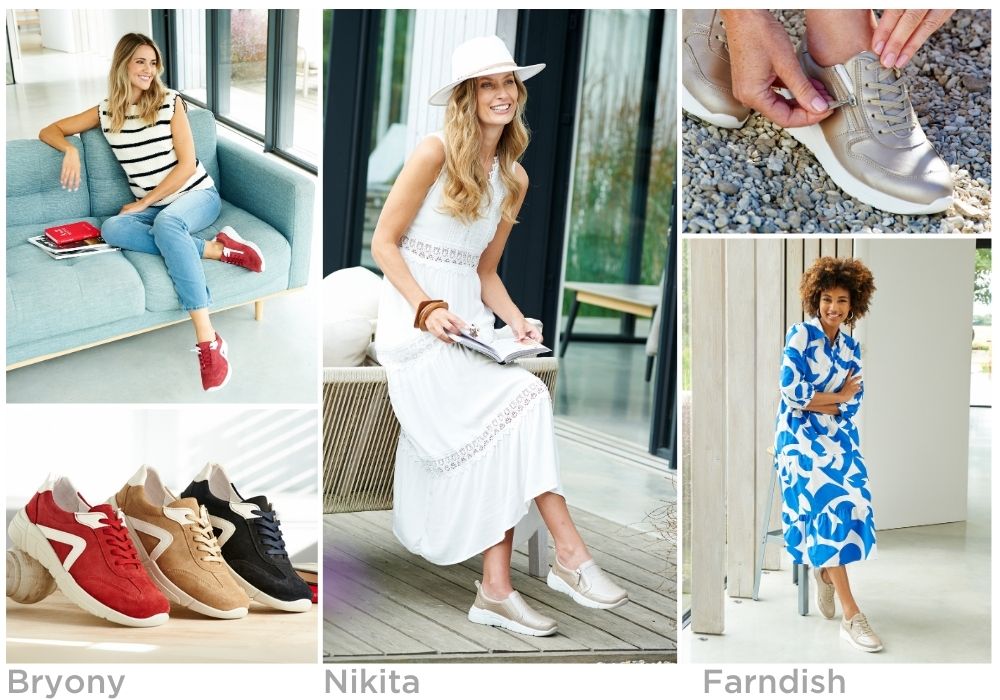 A montage of women in various poses, someone putting a trainer on and a row of 3 trainers.