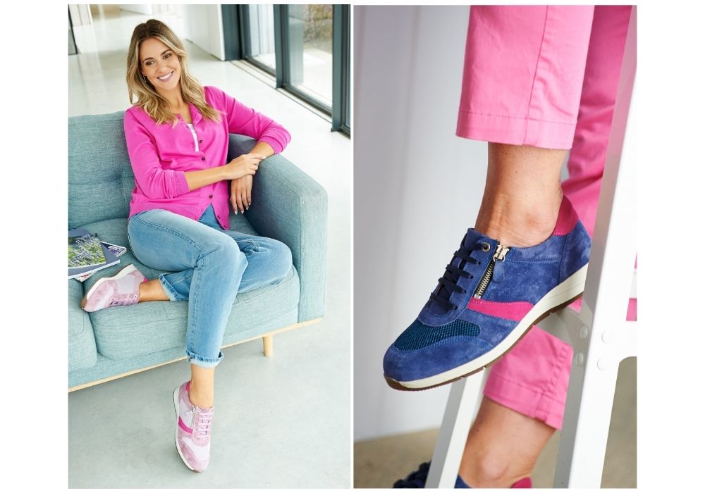 A woman sat on a sofa wearing a pink top and jeans and a close up of a blue and pink trainer