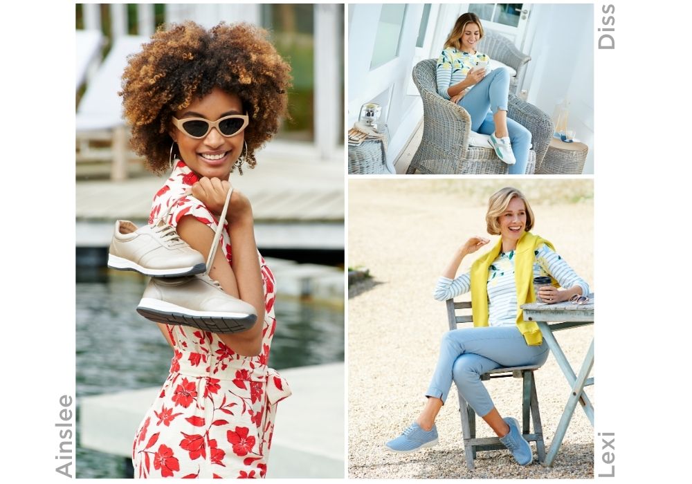A montage of 3 women with 2 sat down and one standing holding a pair of trainers over her shoulders