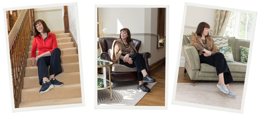 A trio of images showing the same women in 3 different locations sat down