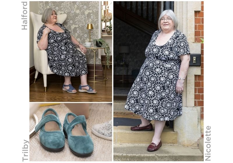 DB ambassador Rosemarie in two images  and a pair of green slippers
