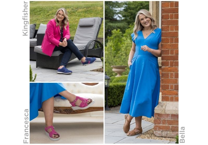 A trio of images of Sara Davies MBE wearing different outfits