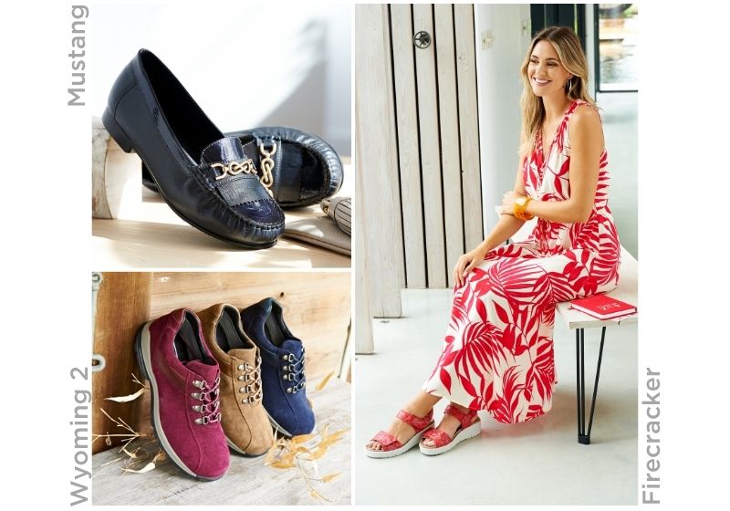A selection of images - 1 with a woman sat in a dress, 1 of navy loafers and a trio of walking shoes
