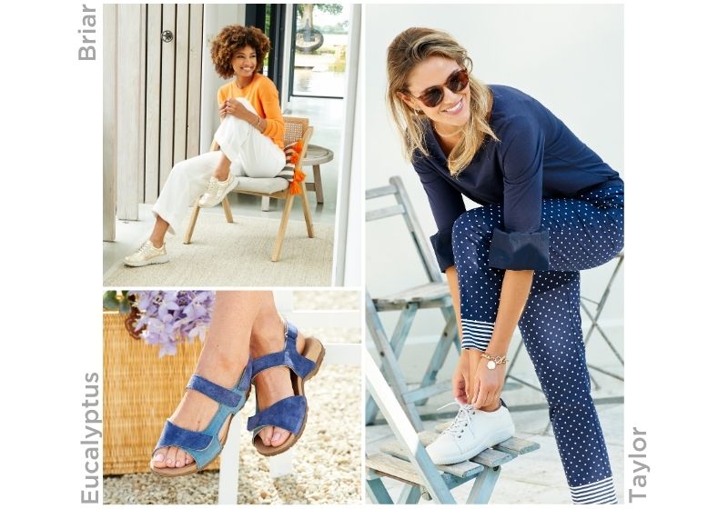 A trio of images, 2 with women and 1 of a pair of sandals